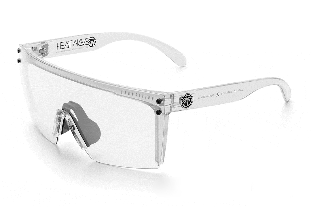 Gif of the Heat Wave Visual Lazer Face Sunglasses with clear frame and photochromic lens changing opacity.