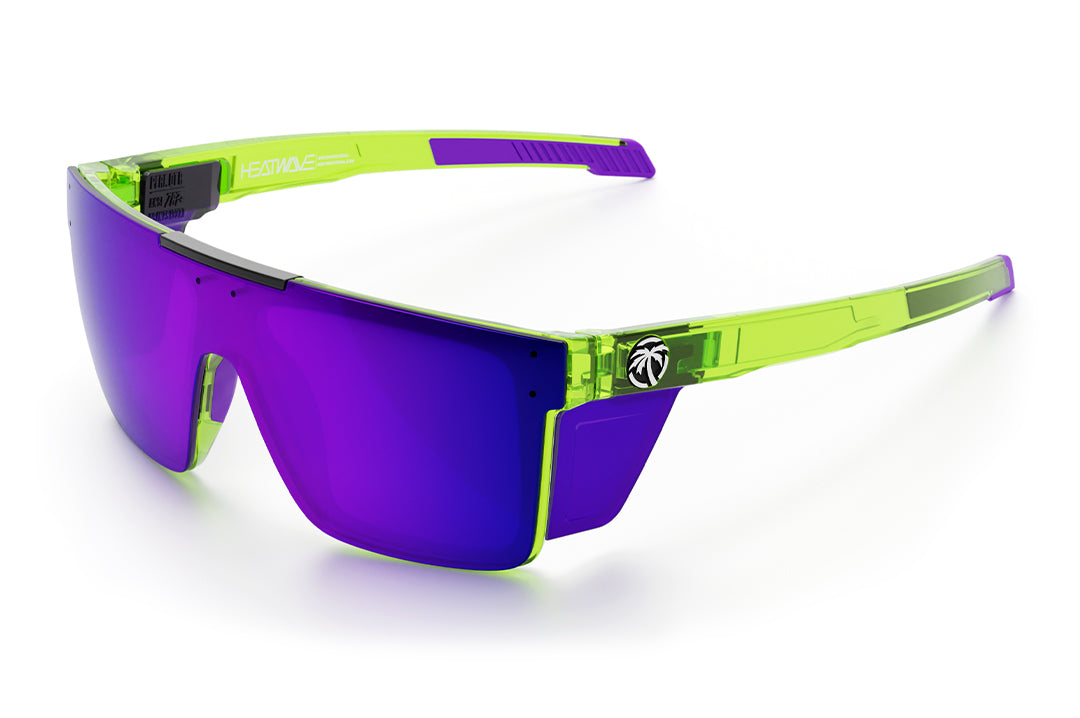 3/4th angle view of the Performance Quatro Sunglasses: Antifreeze Z87+ with purple side shields on a white background.