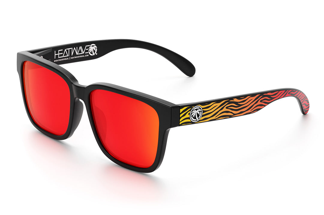Heat Wave Visual Apollo Sunglasses with black frame,  red to yellow gradient tiger print arms and sunblast orange yellow lens.